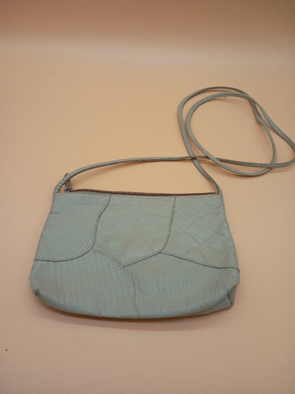 Vintage 80s Leather Purse Crossbody Bag Gray Patchwork Textured Small
